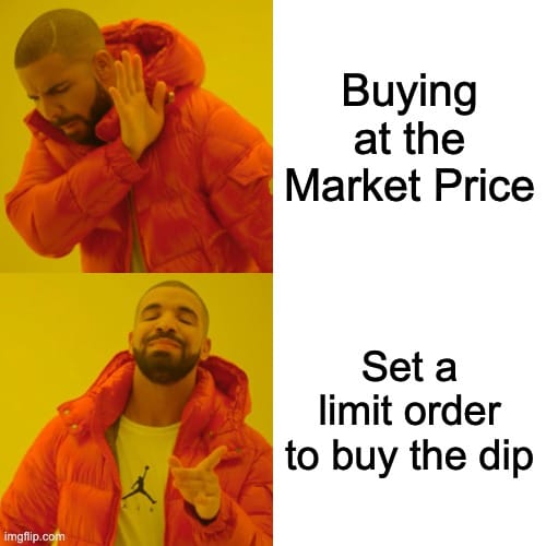 It's a meme-ish image from Drake Hotline Bling where the top says "buying at the market price," and the bottom says "set a limit order to buy the dip".