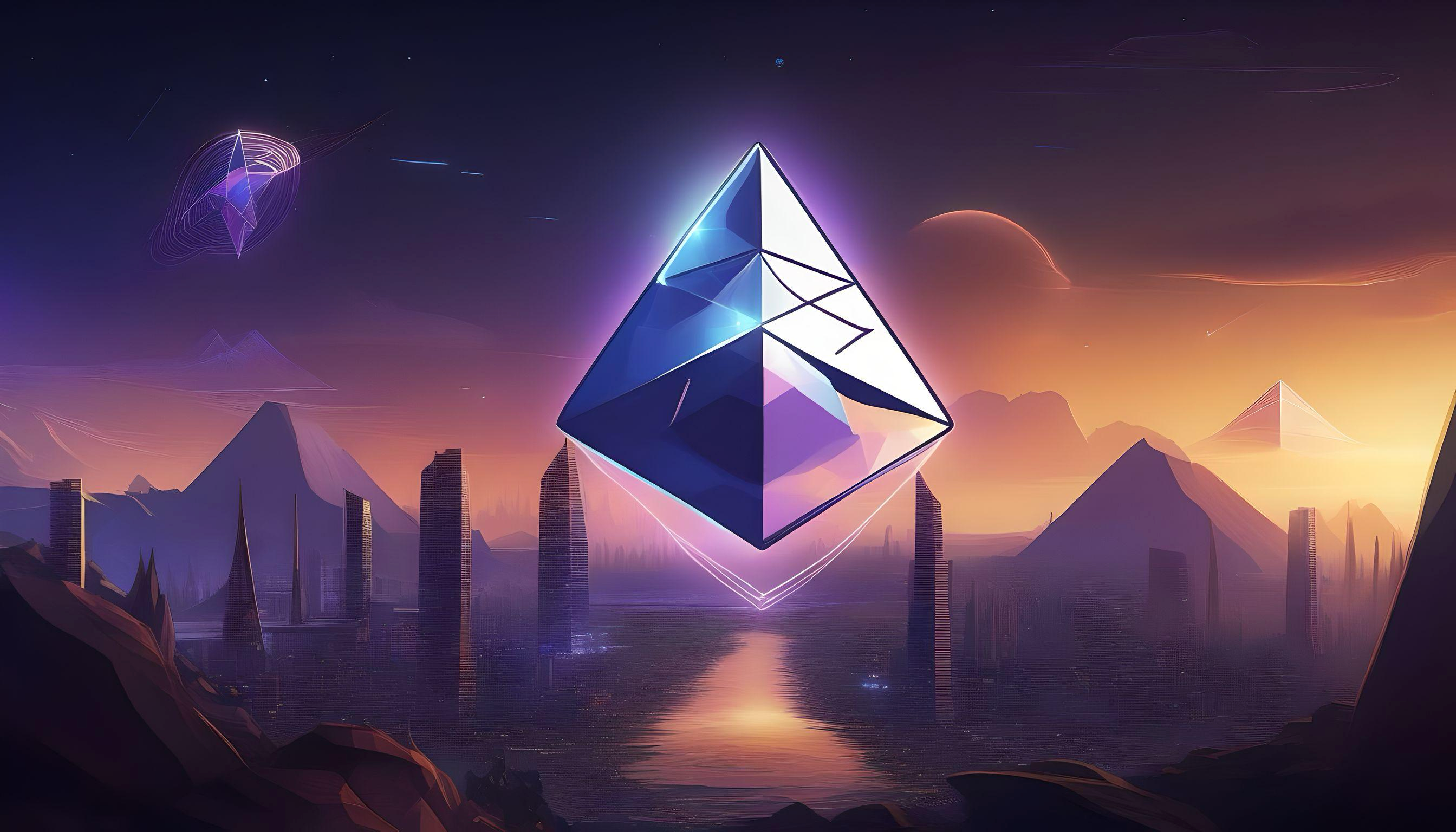 Glowing Ethereum logo over futuristic city. Sunset sky, mountains, and water. Cosmic elements in background.